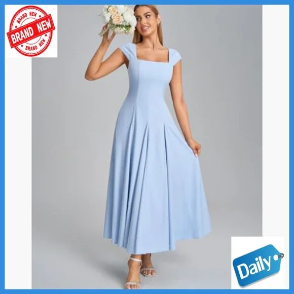 Women's Corset Maxi Dress Cap Sleeve Square Neck Lace Up Formal Midi